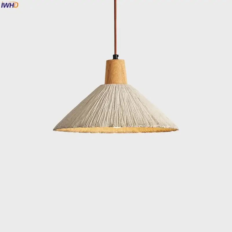 A wabi sabi beige cement pendant light with a conical shade and natural wood top for dining room decorbites pendant light