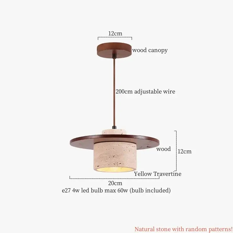 A wabi sabi beige cement pendant light with warm yellow travertine shade and wood top for dining room decorbites cement pendant