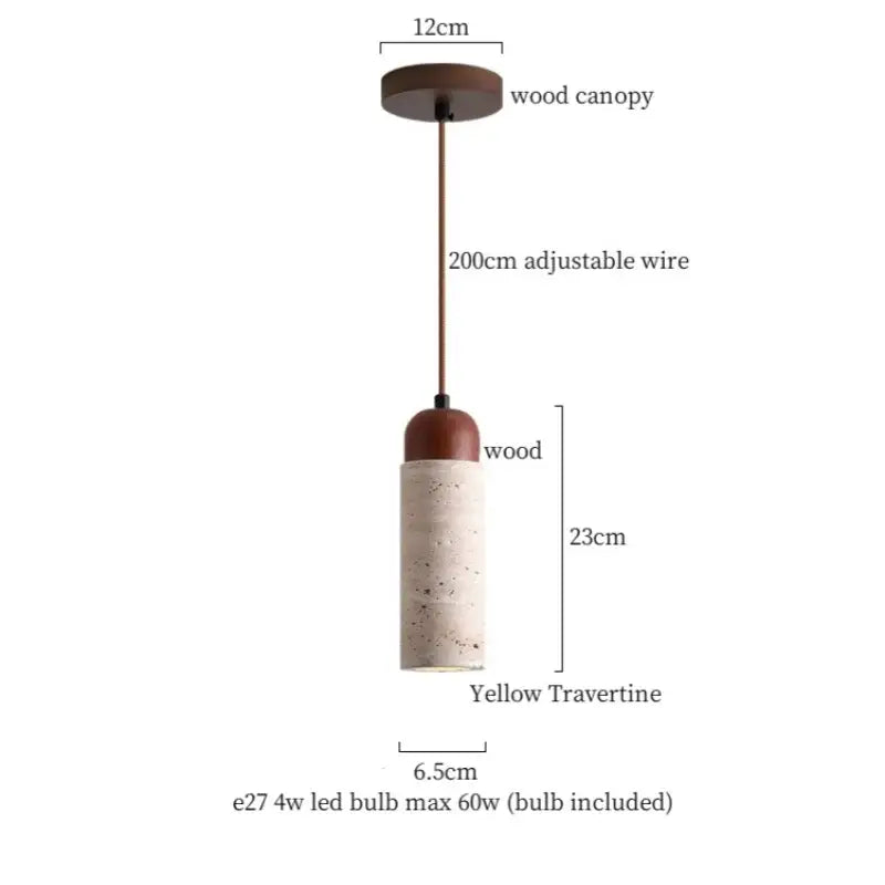 Wabi sabi beige cement pendant light with warm brown wood top and yellow travertine body for dining room decorbites pendant light