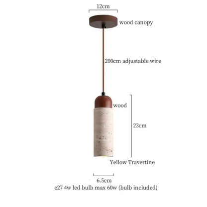 Wabi sabi beige cement pendant light with warm brown wood top and yellow travertine body for dining room decorbites pendant light