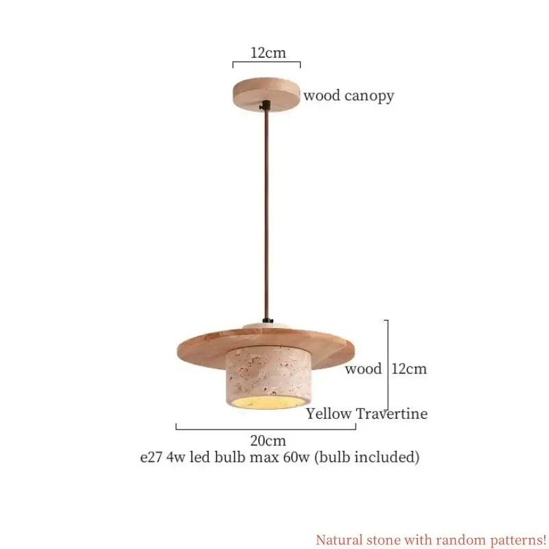 Wabi sabi beige cement pendant light with wood top featuring yellow travertine stone and natural wood canopy decorbites cement pendant