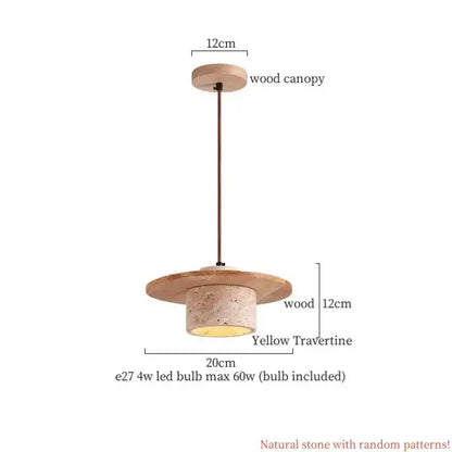 Wabi sabi beige cement pendant light with wood top featuring yellow travertine stone and natural wood canopy decorbites cement pendant