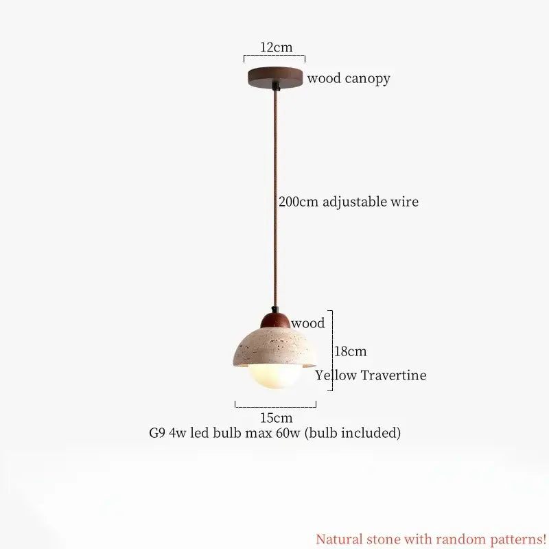 Wabi sabi beige cement pendant light with warm wood canopy yellow travertine shade decorbites cement pendant for dining room