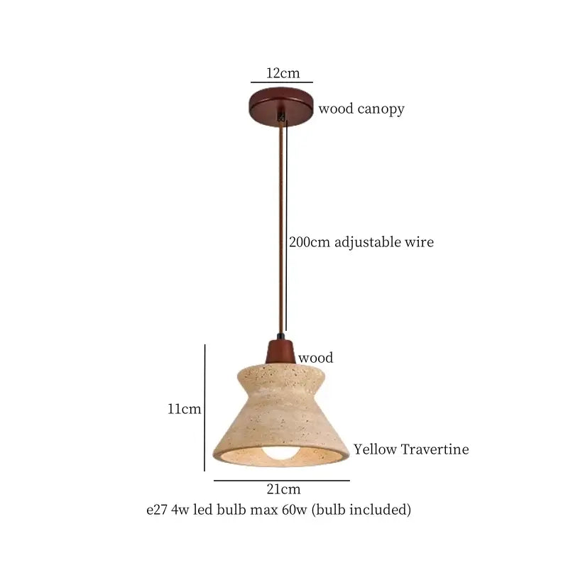 Wabi sabi beige cement pendant light with warm yellow travertine shade and dark wood top for dining room decorbites cement pendant