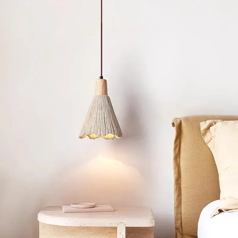Beige textured decorbites cement pendant light with wooden top and fringed fabric shade for dining room decor