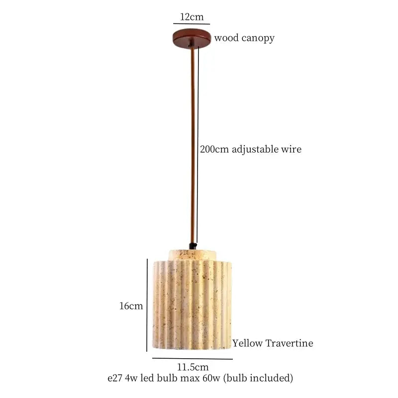 Yellow travertine decorbites cement pendant light with fluted cylindrical shade and wooden canopy for dining room decor