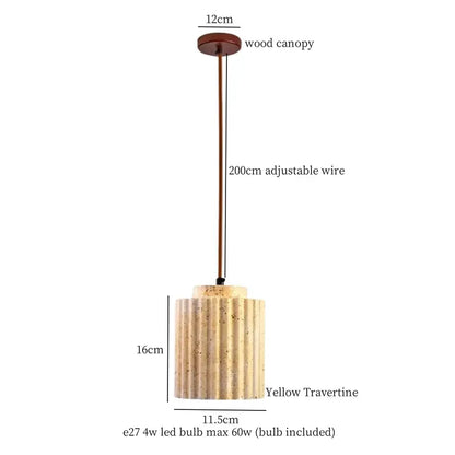 Yellow travertine decorbites cement pendant light with fluted cylindrical shade and wooden canopy for dining room decor