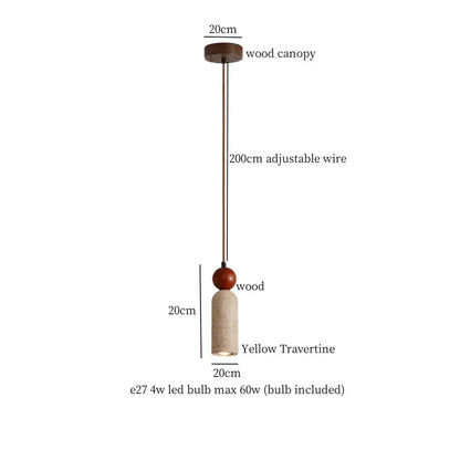 A modern pendant light with a dark wood canopy and led yellow travertine shade for wabi sabi dining room decorbites
