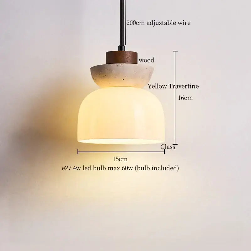 Warm-toned pendant lights with led yellow travertine base and wooden top ideal for wabi sabi dining room decorbites led yellow