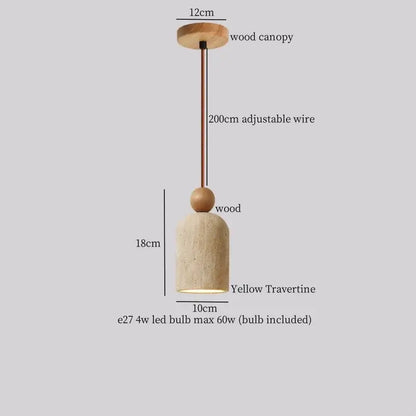 Minimalist pendant light with natural wood canopy, adjustable bronze wire, and led yellow travertine shade decorbites led yellow