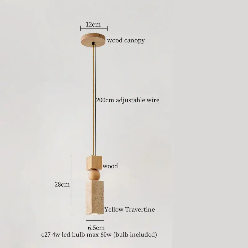 Minimalist pendant lights with natural wood canopy, adjustable brass wire, and led yellow travertine for dining room decorbites led yellow