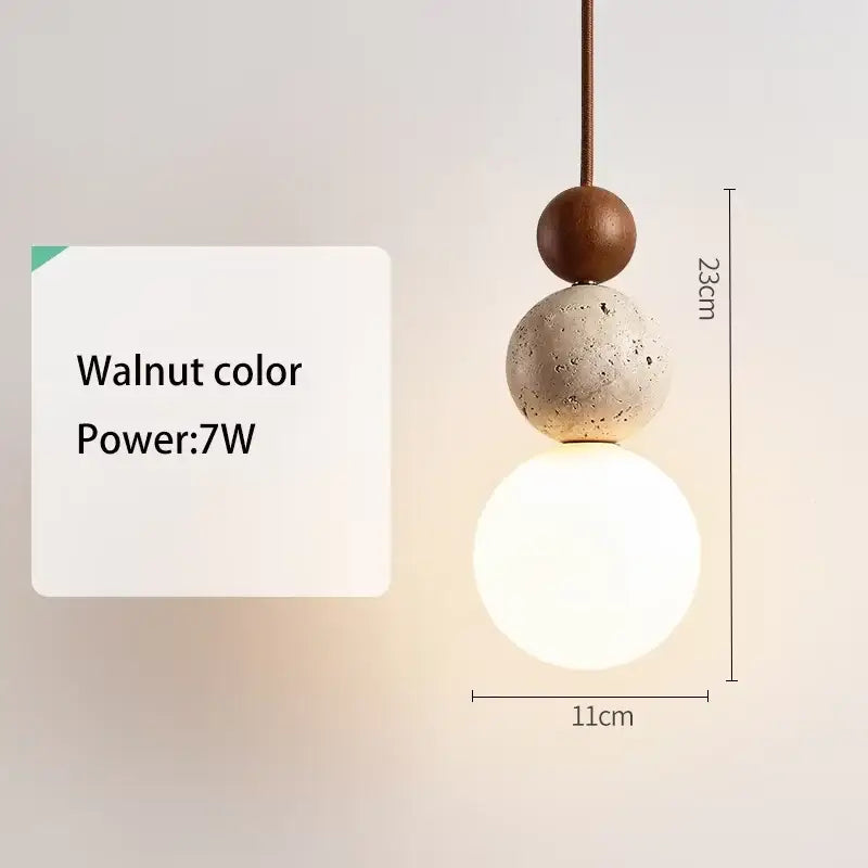 Wabi sabi beige stone and wooden accent pendant light with stacked walnut, concrete, and glass spheres for dining room lighting