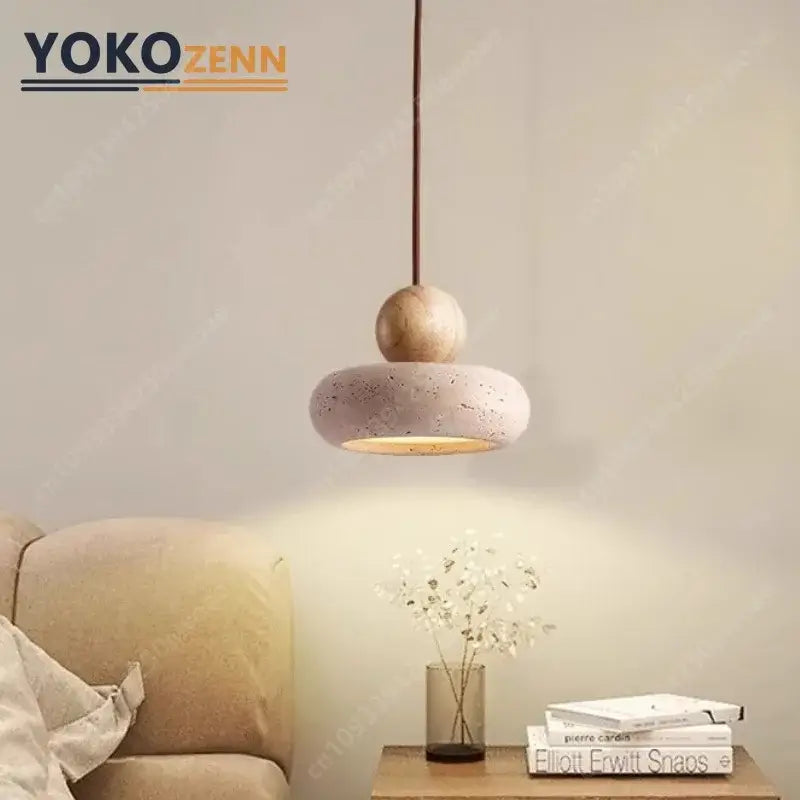 Wabi-sabi brown and beige travertine stone pendant light with a 15cm x 11cm minimalist wooden sphere and concrete disc