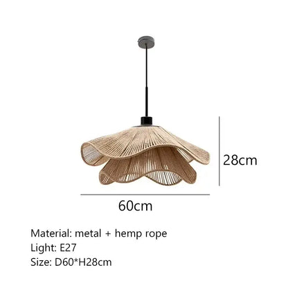 Beige layered pendant light with woven hemp rope shade and metal hardware offers stylish cord pendant installation for dining rooms