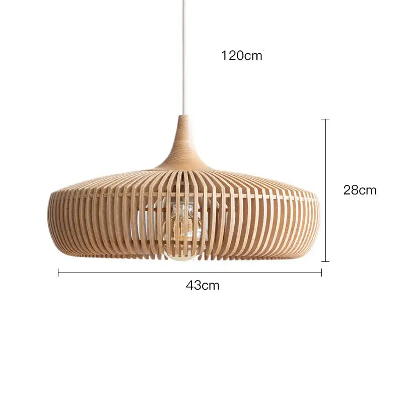 Wabi-sabi brown ribbed wood pendant light with natural wooden slats forms a warm light source for living room use