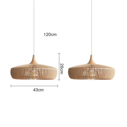 Wabi-sabi brown ribbed wood pendant light with woven slatted design provides warm light source for living rooms