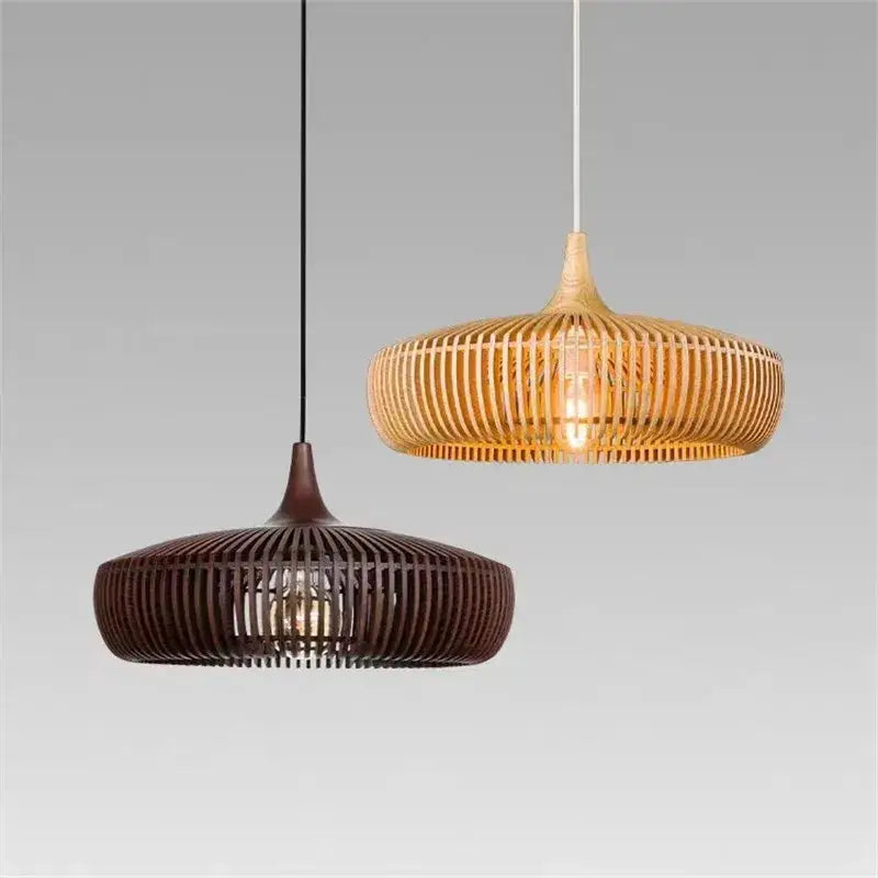 Two pendant lights with woven bamboo and brown ribbed wood frame featuring exposed bulbs as a living room light source