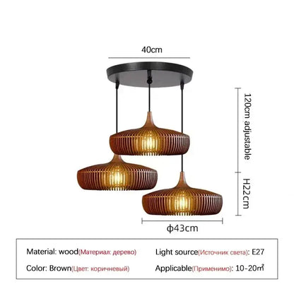 Wabi-sabi brown ribbed wooden pendant light with bowl-shaped design and black metal mount as a living room light source