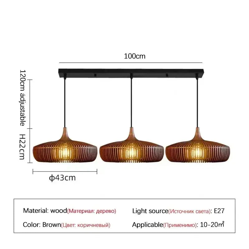 Wabi-sabi brown ribbed wood pendant light with three teardrop fixtures as a stylish living room light source