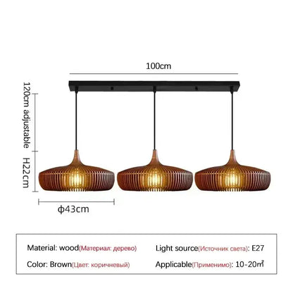 Wabi-sabi brown ribbed wood pendant light with three teardrop fixtures as a stylish living room light source