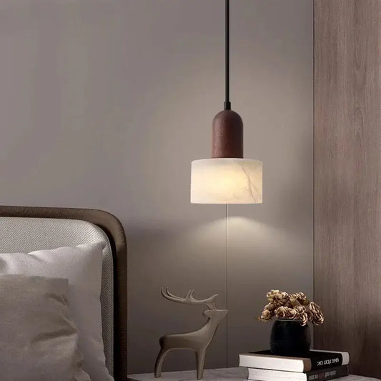 Wabi-sabi pendant light with matte brown cylindrical top and soft white finish marble pendant light shade for dining room