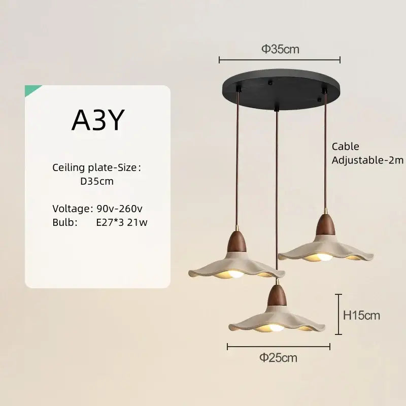 Wabi sabi pendant light with three cream petal-shaped shades and natural wood bronze tops for dining room use