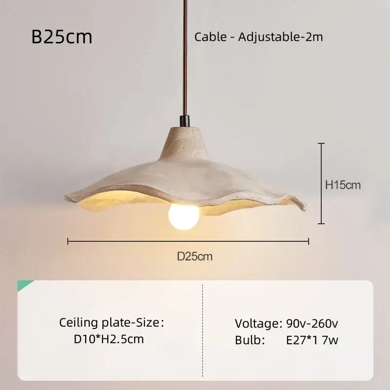 Beige handcrafted concrete pendant light with flared design and natural wood material for dining room use