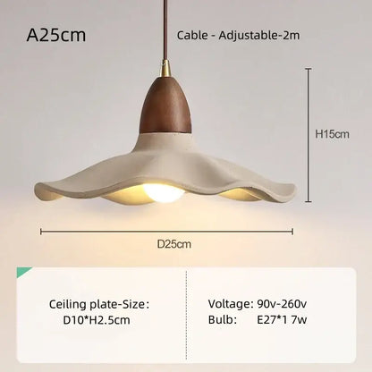 Wabi sabi cream pendant light with flower shape natural wood material and adjustable brass cable for dining room
