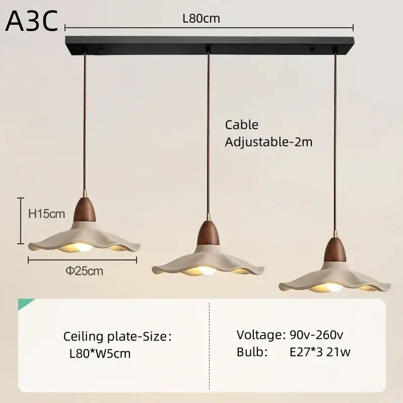 Modern three-light pendant light with cream ceramic shades and natural wood material for dining room lighting