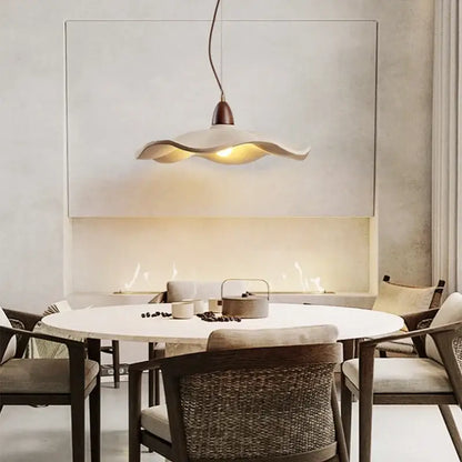 Wabi sabi cream pendant light with natural wood and dark bronze fixture for dining room illumination