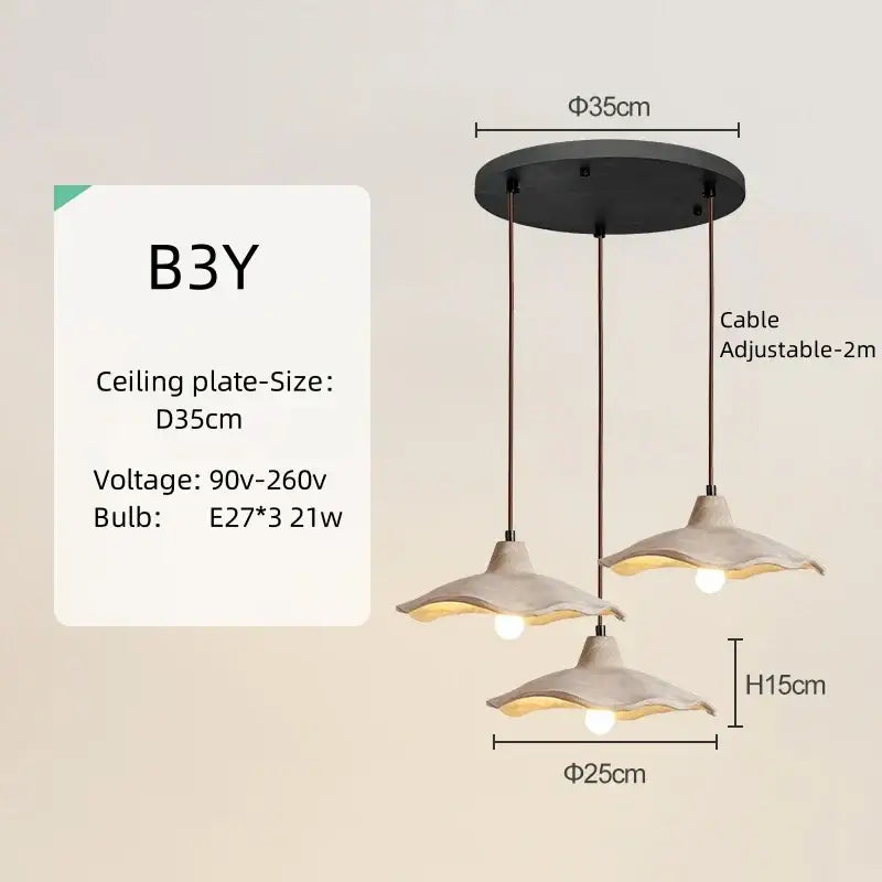 Modern three-light pendant light with beige ceramic shades and natural wood material for dining room illumination