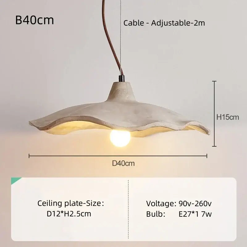 Wabi sabi cream and natural wood pendant light with rustic concrete shell design and adjustable 2-meter cable for dining room