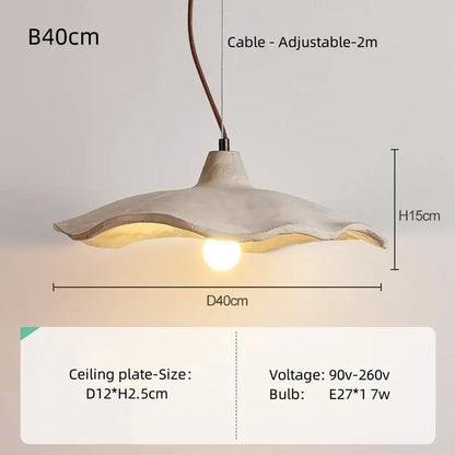Wabi sabi cream and natural wood pendant light with rustic concrete shell design and adjustable 2-meter cable for dining room