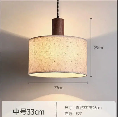 Warm-toned decorbites cream wabi-sabi chandelier lamp with beige fabric shade and dark wood top for bedroom pendant lighting