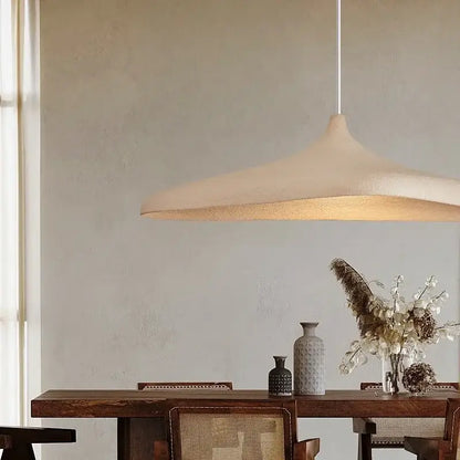 Beige textured wabi sabi cream pendant light with modern wide disc shade made of high polymer for dining room use
