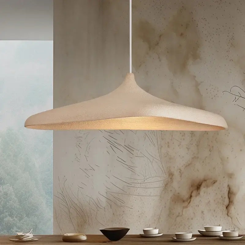 Wabi sabi cream high polymer pendant light with textured wide dome shape and warm glow for dining room use
