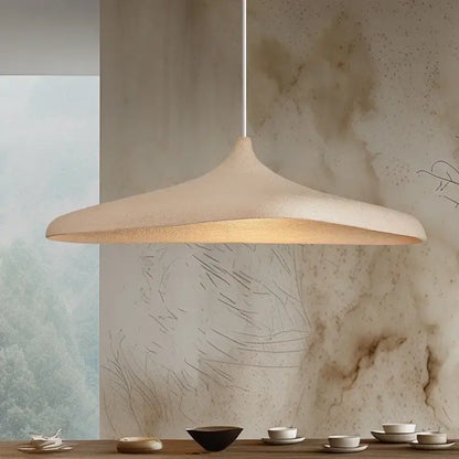 Wabi sabi cream high polymer pendant light with textured wide dome shape and warm glow for dining room use