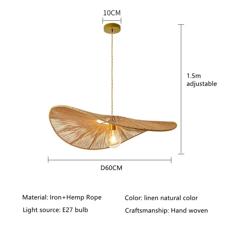 Natural linen-colored wabi sabi pendant light with fan-shaped iron and hemp rope design for dining room use