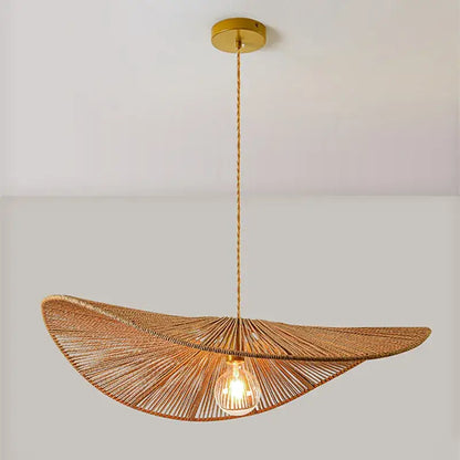 Warm-toned woven bamboo wabi sabi pendant lights with golden ceiling fixture for dining room lighting