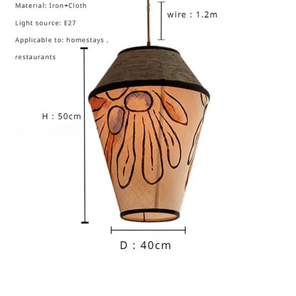 Beige hand-painted fabric pendant lamp with dark brown woven trim for dining room wabi sabi decorbites colored wabi