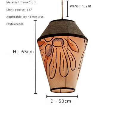 A warm-toned wabi sabi pendant lamp with hand-painted fabric and woven iron frame for dining room decorbites colored wabi