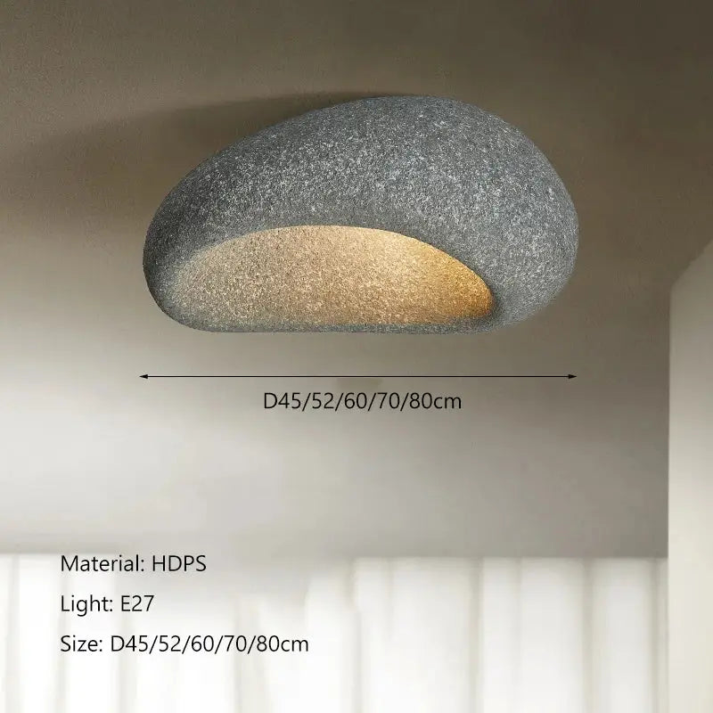 Gray hdps stone cream ceiling chandelier with smooth rounded half-moon shape and warm interior glow for bedroom lighting