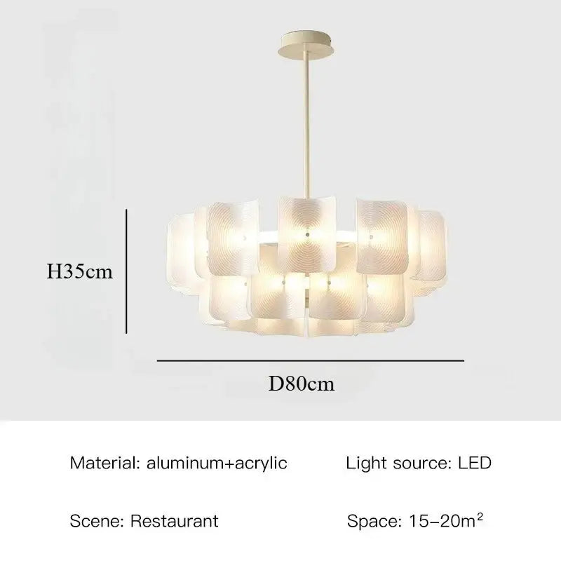 Modern off-white pendant light with layered textured acrylic shades and painted iron finish aluminum frame for dining room