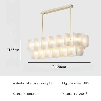 Modern rectangular pendant light with painted iron finish gold frame and off-white acrylic panels for dining room