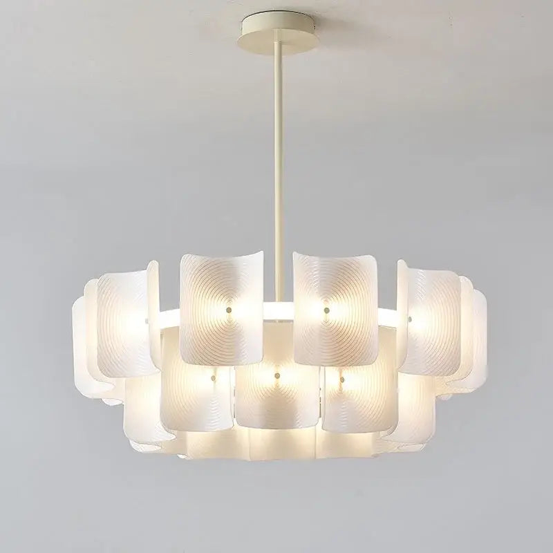 Off-white wabi sabi pendant light with layered translucent glass panels and painted iron finish for dining room