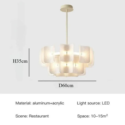 Modern off-white pendant light with layered petal-like acrylic shades and painted iron finish for dining room use