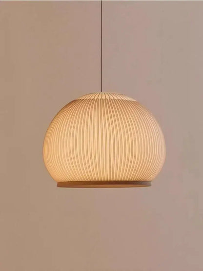Warm-toned spherical woven paper pendant lamp with vertical ribbed texture decorbites light luxury chandelier