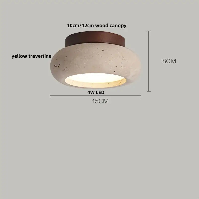 A wabi sabi ceiling lamp with textured yellow travertine body and dark wood canopy acrylic led ceiling light by decorbites
