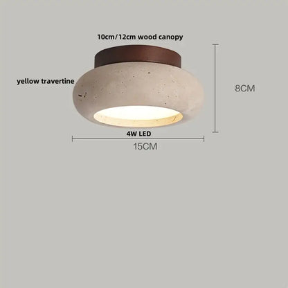A wabi sabi ceiling lamp with textured yellow travertine body and dark wood canopy acrylic led ceiling light by decorbites