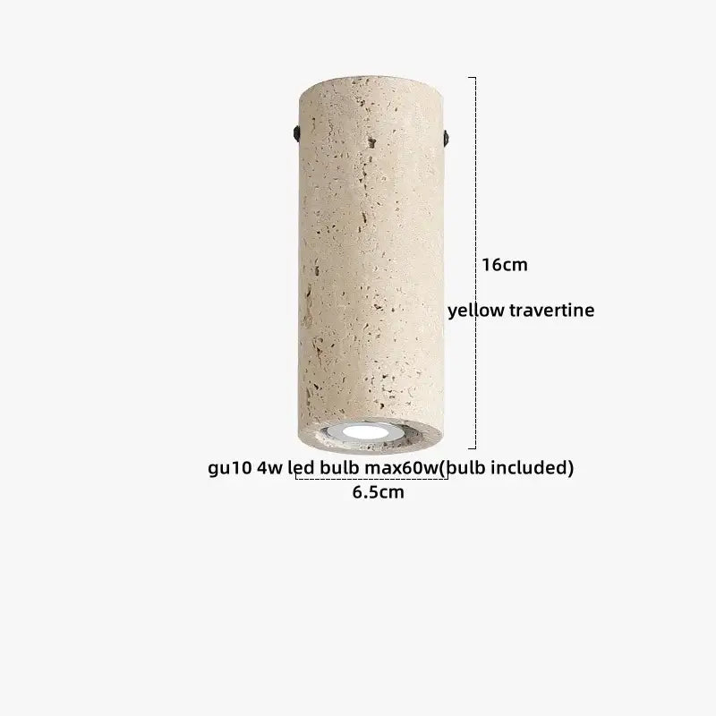 A cylindrical yellow travertine wall-mounted acrylic led ceiling lamp with textured stone surface and integrated gu10 bulb